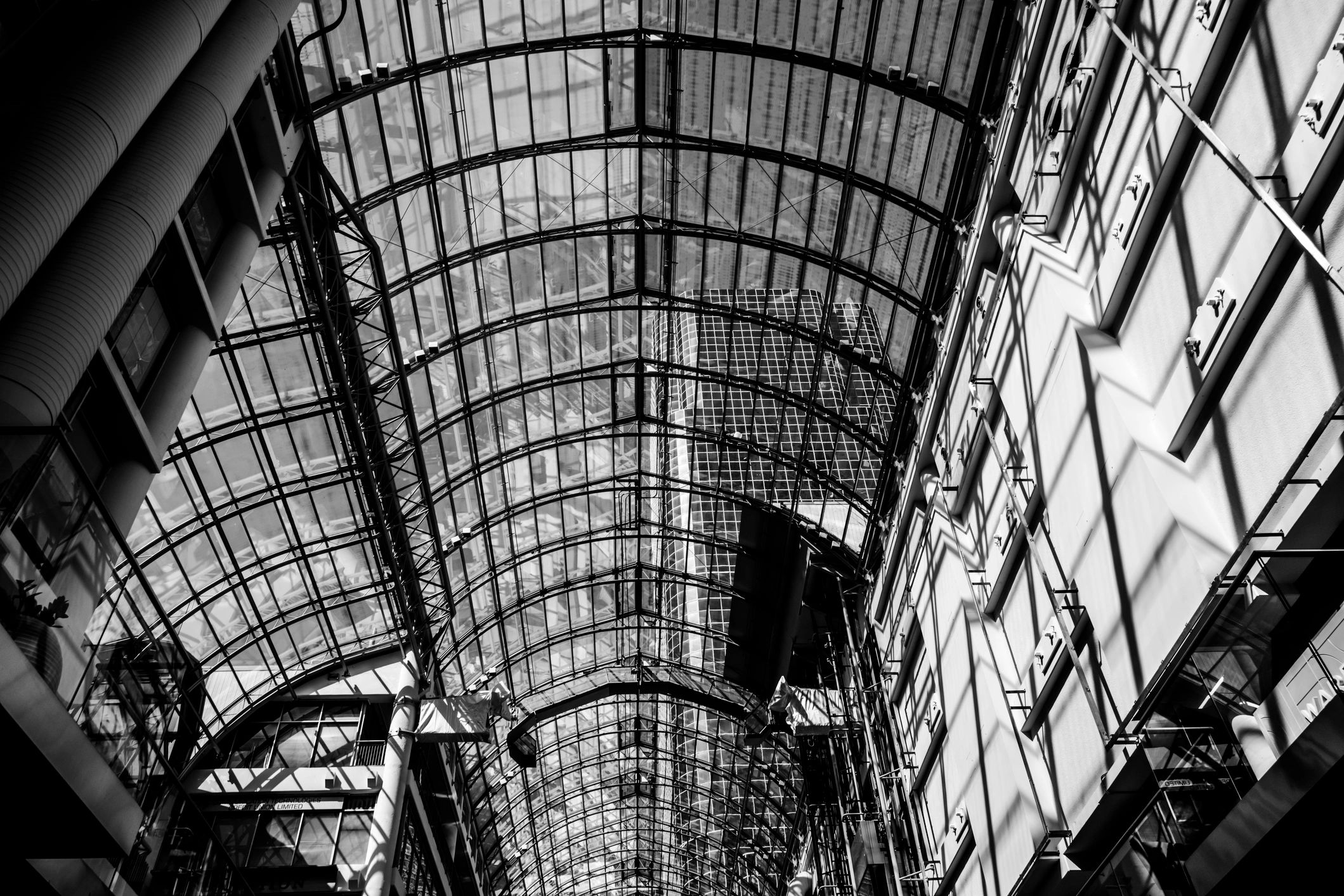 Monochrome glass roof architectural canopy